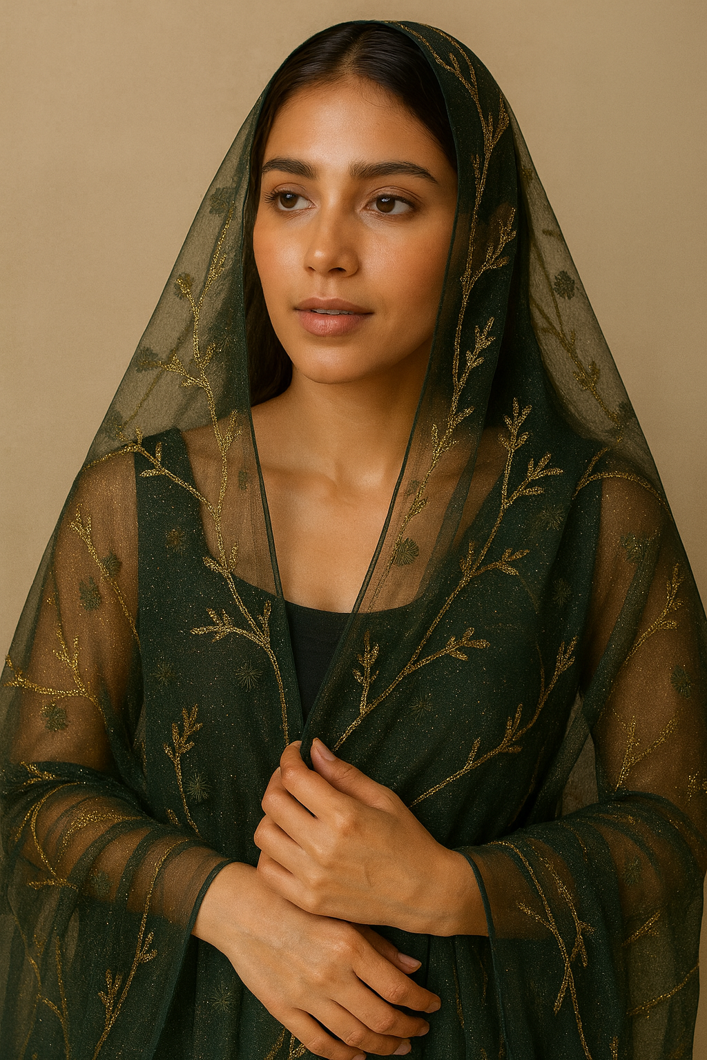 Mehndi Green Blooming Organza Fabric with Golden Embroidered Sequence Butti