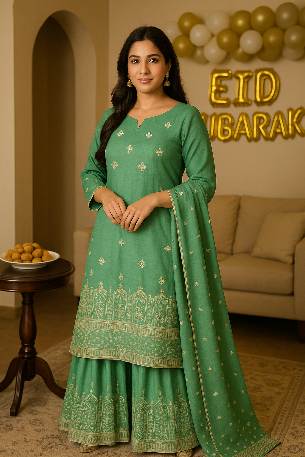 Zardozi & Sequins Embroidered Bight Green Tissue Fabric