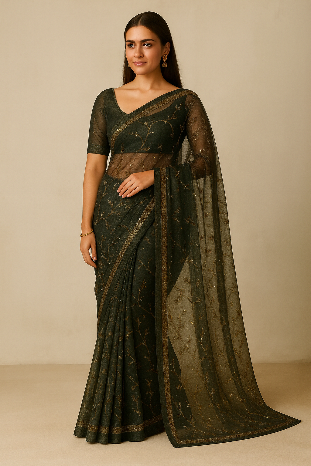 Mehndi Green Blooming Organza Fabric with Golden Embroidered Sequence Butti