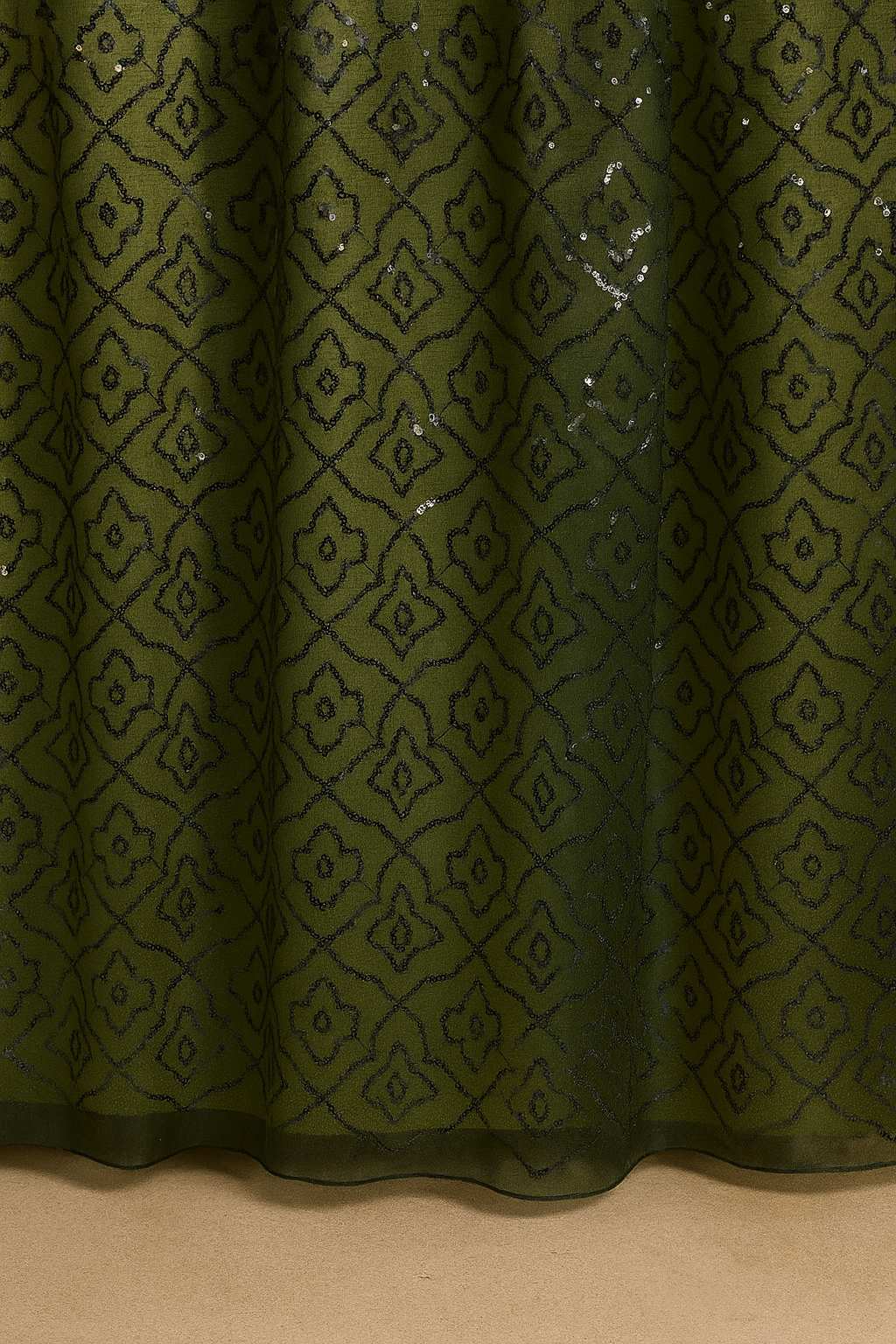 Mehndi green Blooming Organza Fabric with Black Sequence Embroidered Jaal