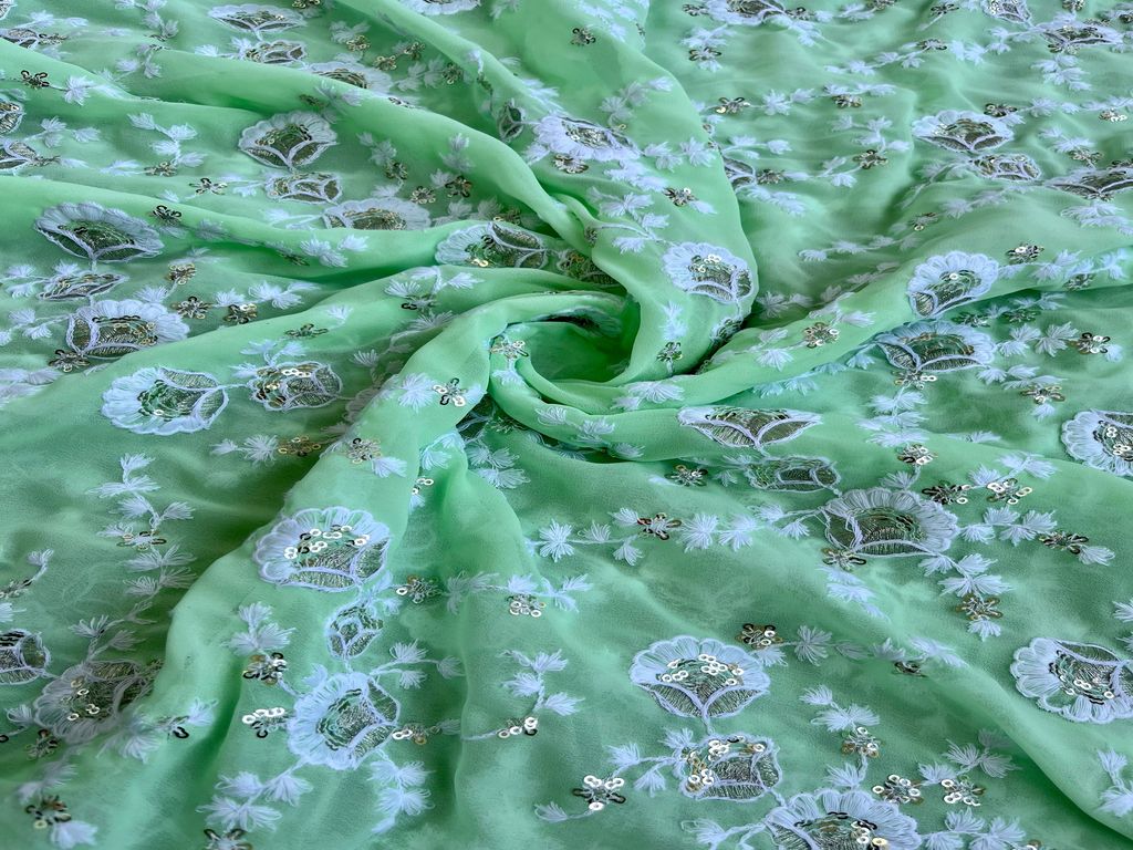 Mint Green Chikankari With Silver Sequins Embroidered Georgette Fabric