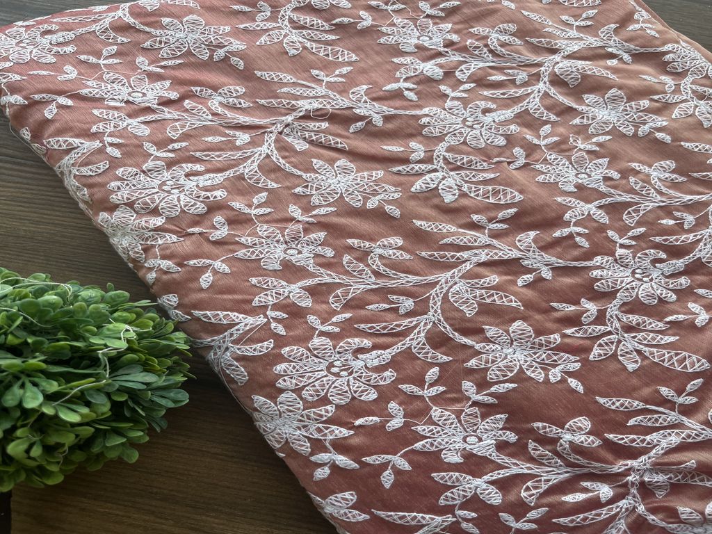 Peach Chikankari Embroidered Chanderi Fabric