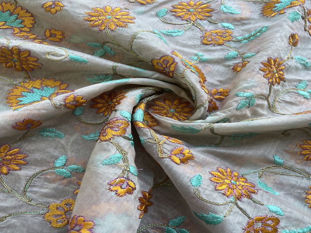 Beige Thread and Golden Dori Embroidered Chanderi Fabric