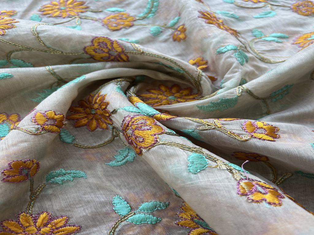 Beige Thread and Golden Dori Embroidered Chanderi Fabric