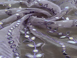 Lilac Floral Embroidered Faux Silver Gota Patti Organza Fabric