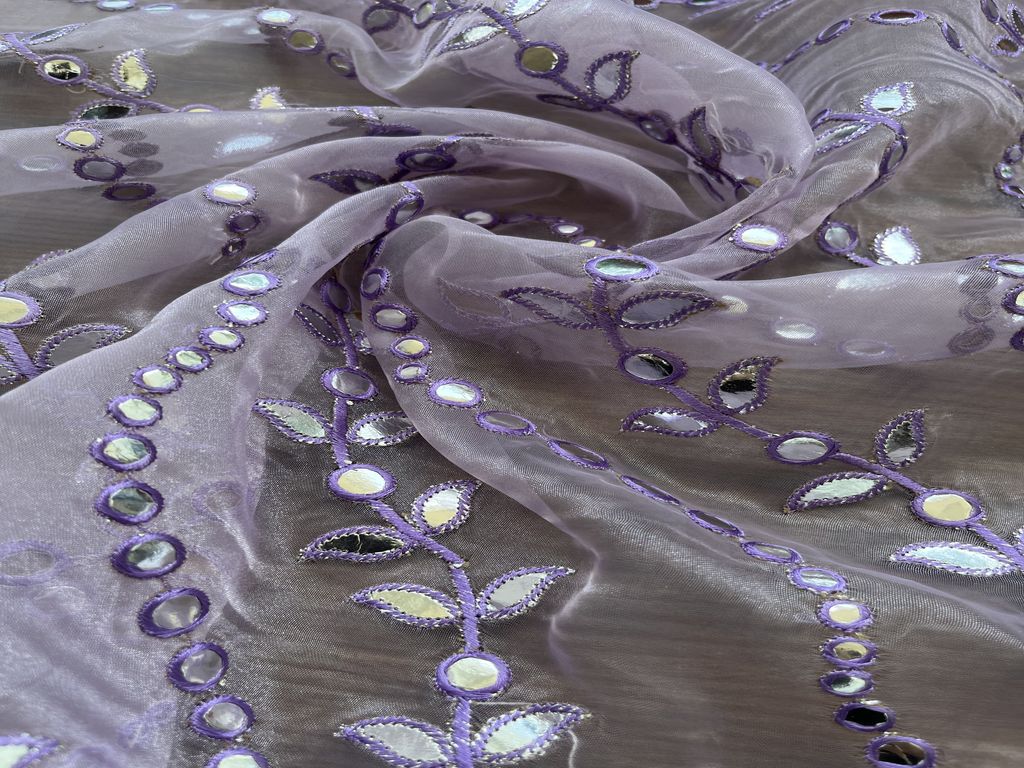 Lilac Floral Embroidered Faux Silver Gota Patti Organza Fabric