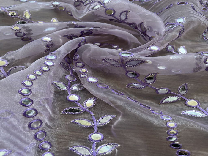 Lilac Floral Embroidered Faux Silver Gota Patti Organza Fabric