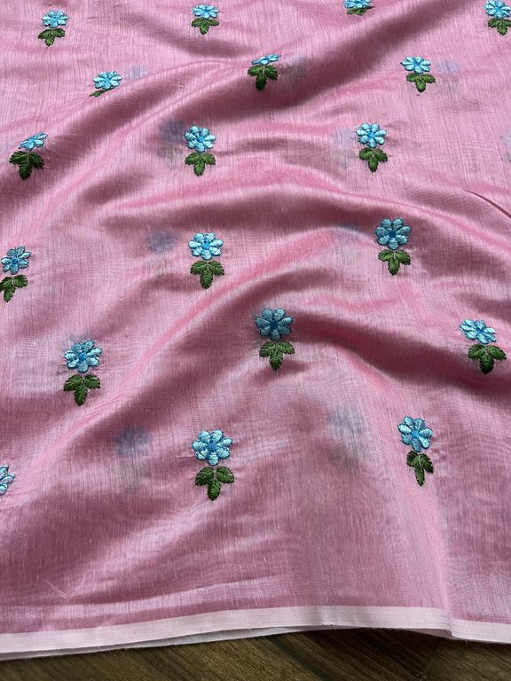 Pink Motifs Embroidered Chanderi Fabric