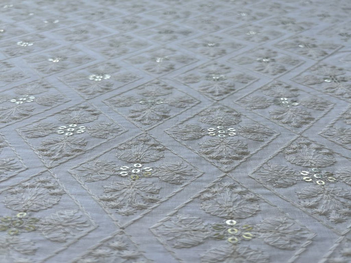 White Dyeable Chikankari Sequins Embroidered Cotton Fabric