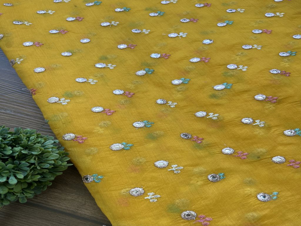 Yellow Motifs Faux Mirror Embroidered Chanderi Fabric
