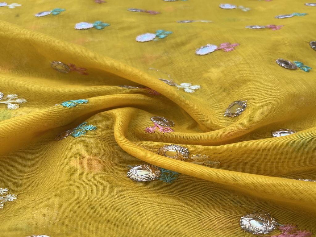 Yellow Motifs Faux Mirror Embroidered Chanderi Fabric