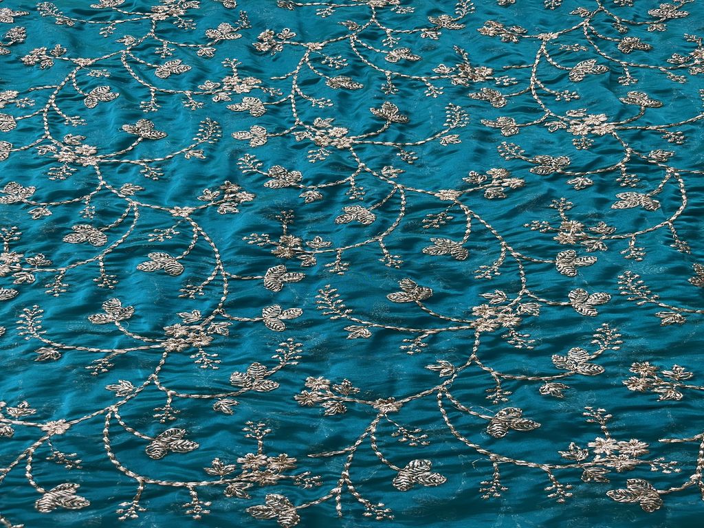 Peacock Blue & Golden Floral Zardozi Glass Silk Georgette Fabric