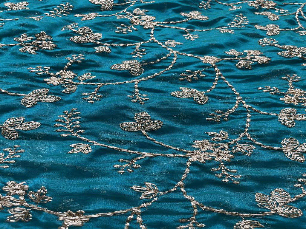 Peacock Blue & Golden Floral Zardozi Glass Silk Georgette Fabric