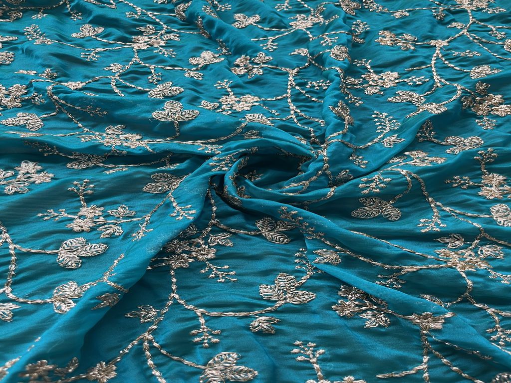 Peacock Blue & Golden Floral Zardozi Glass Silk Georgette Fabric