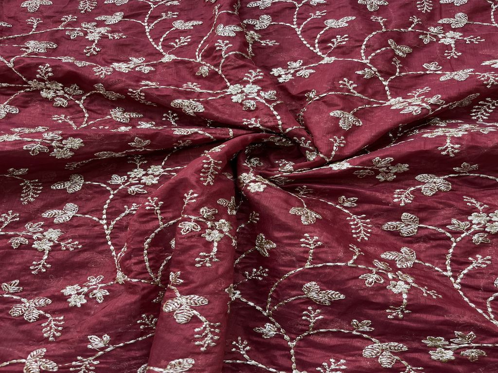Maroon Floral Zardozi Embroidered Chanderi Fabric