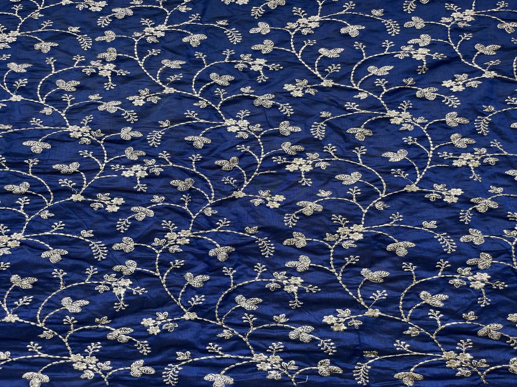 Blue Floral Zardosi Embroidered Chanderi Fabric
