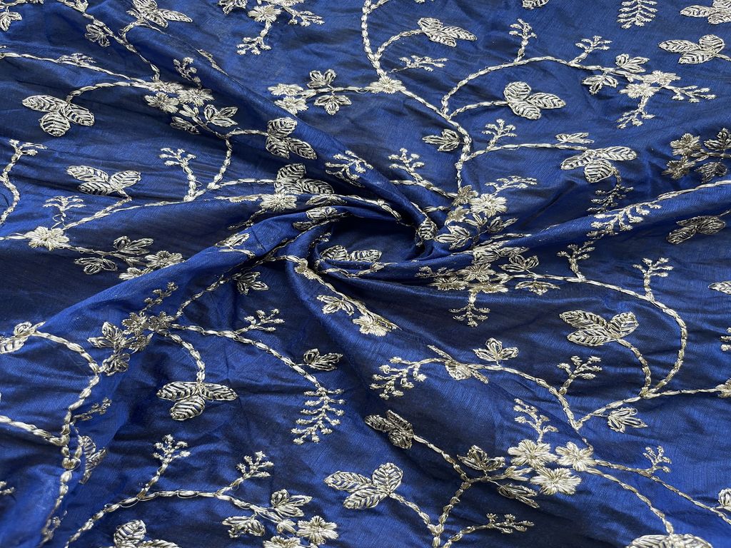 Blue Floral Zardosi Embroidered Chanderi Fabric
