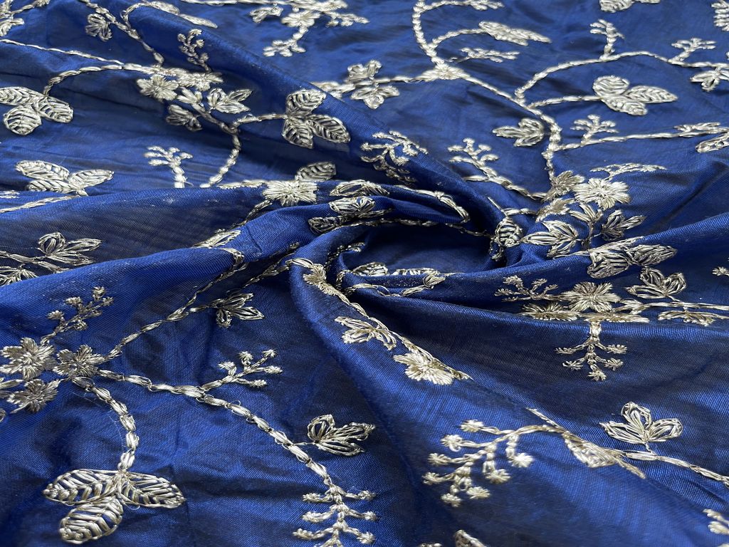 Blue Floral Zardosi Embroidered Chanderi Fabric