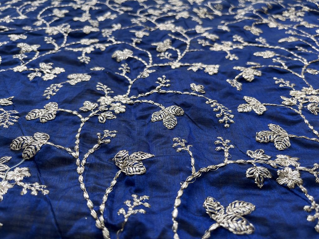 Blue Floral Zardosi Embroidered Chanderi Fabric