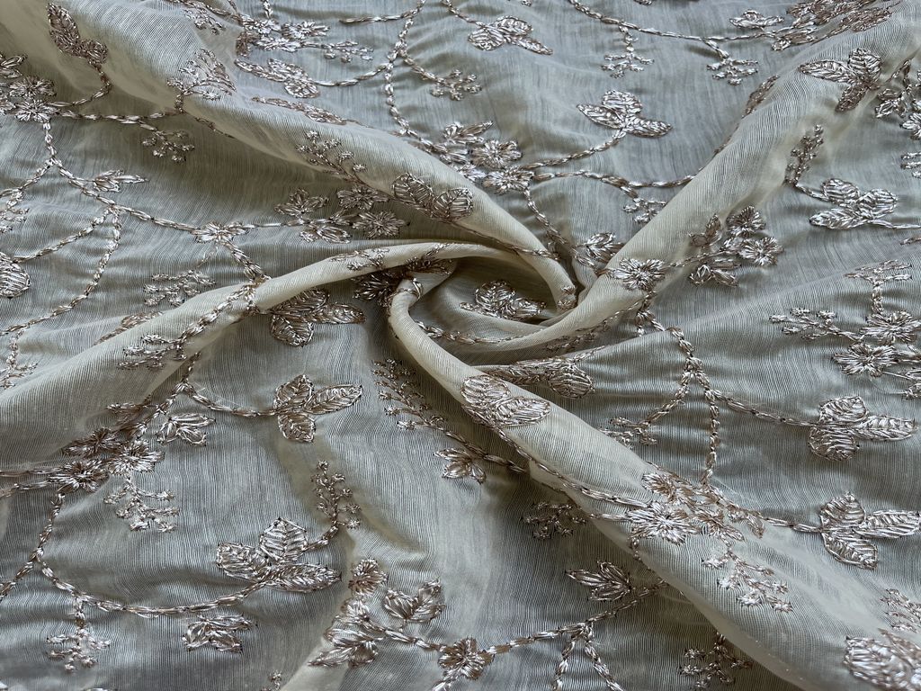 Beige & Rose Gold Floral Zardozi Embroidered Chanderi Fabric