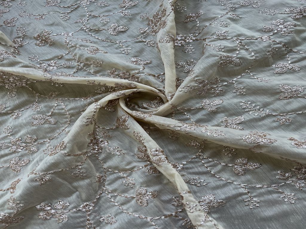 Beige & Rose Gold Floral Zardozi Embroidered Chanderi Fabric