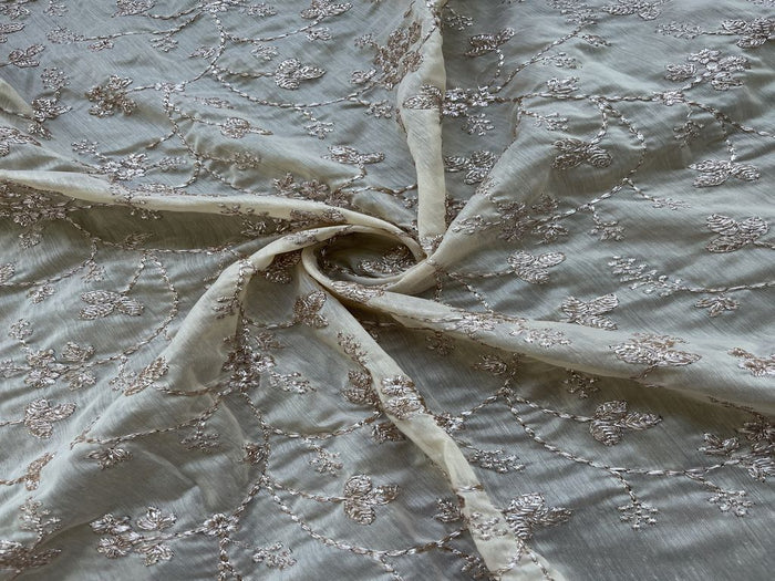 Beige & Rose Gold Floral Zardozi Embroidered Chanderi Fabric