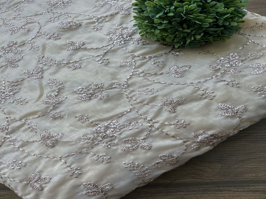 Beige & Rose Gold Floral Zardozi Embroidered Chanderi Fabric