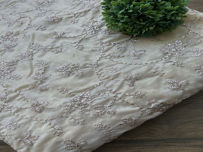 Beige & Rose Gold Floral Zardozi Embroidered Chanderi Fabric