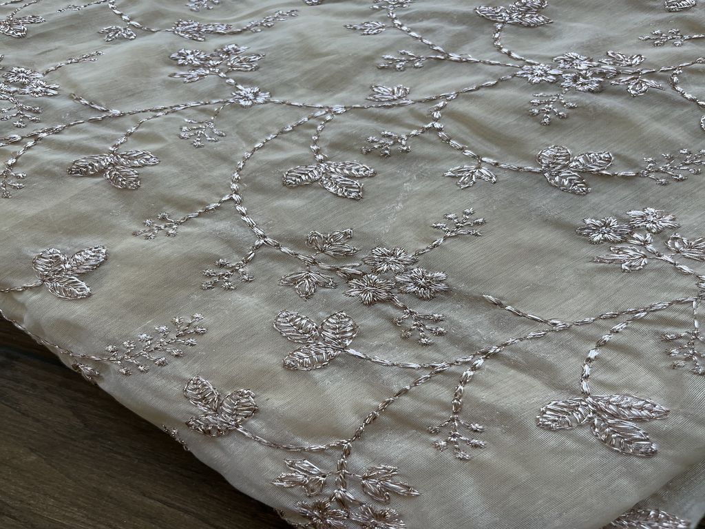 Beige & Rose Gold Floral Zardozi Embroidered Chanderi Fabric