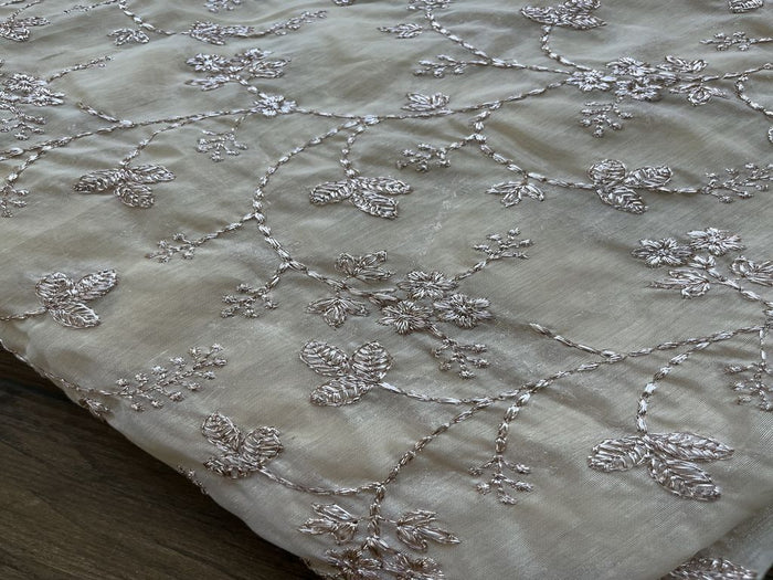 Beige & Rose Gold Floral Zardozi Embroidered Chanderi Fabric