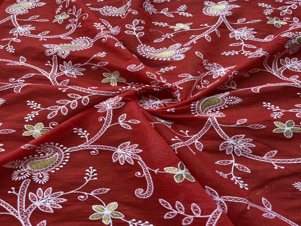 Maron Floral Chikankari Thread & Zari Embroidered Chanderi Fabric