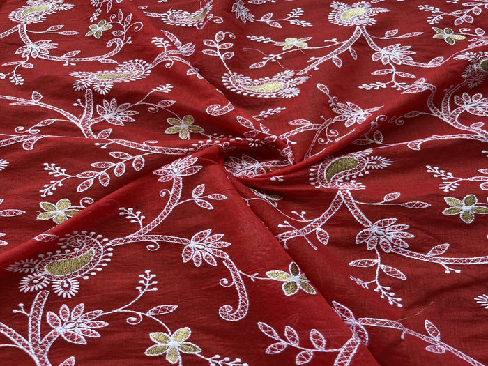 Maroon Floral Chikankari Thread & Zari Embroidered Chanderi Fabric
