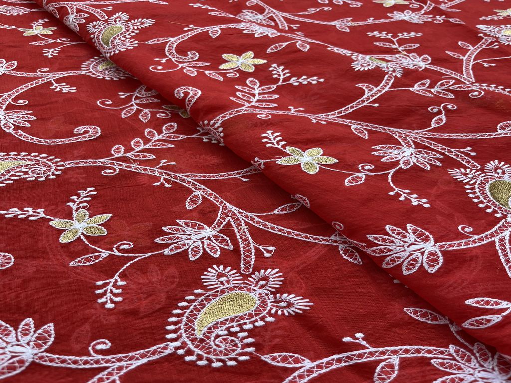 Maron Floral Chikankari Thread & Zari Embroidered Chanderi Fabric