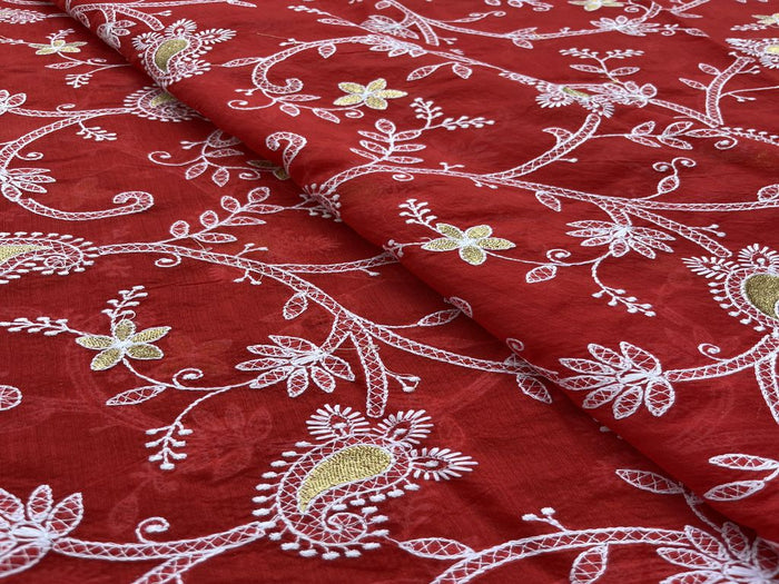 Maroon Floral Chikankari Thread & Zari Embroidered Chanderi Fabric