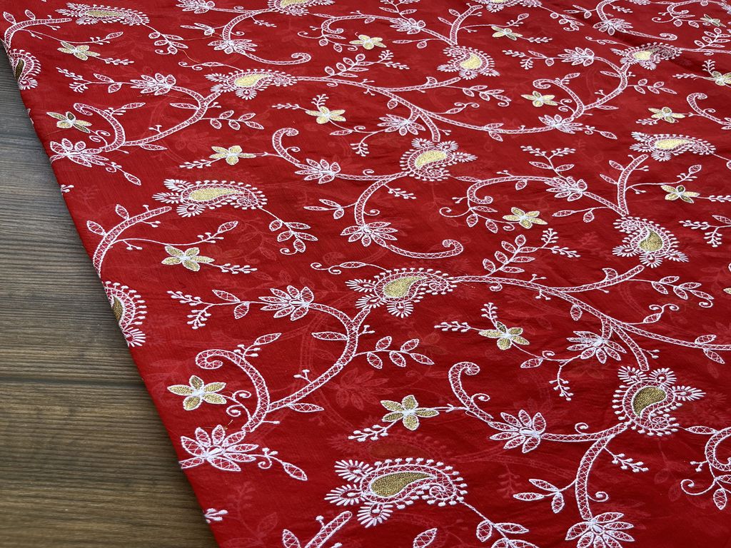 Maron Floral Chikankari Thread & Zari Embroidered Chanderi Fabric