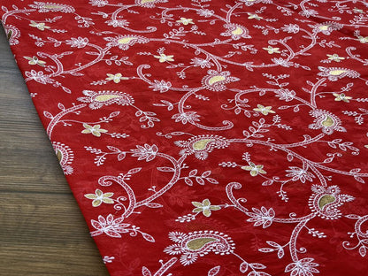 Maroon Floral Chikankari Thread & Zari Embroidered Chanderi Fabric