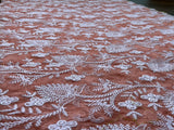 Peach & White Floral Chikankari Embroidered Chanderi Fabric