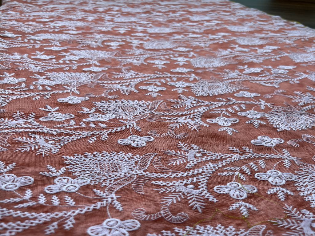 Peach & White Floral Chikankari Embroidered Chanderi Fabric