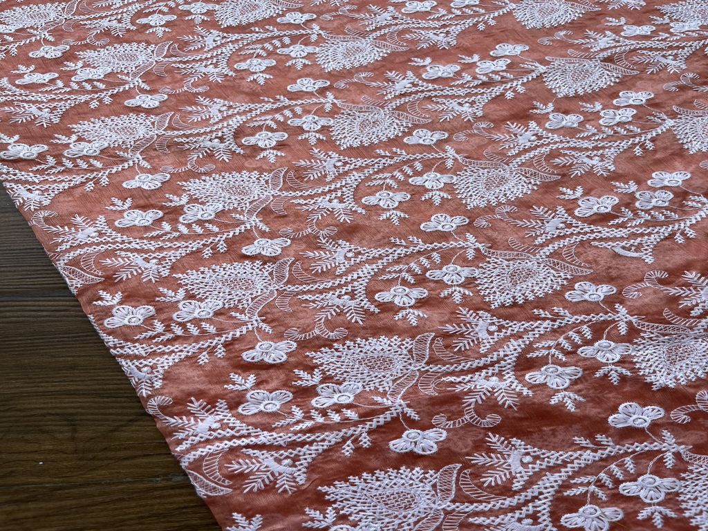 Peach & White Floral Chikankari Embroidered Chanderi Fabric