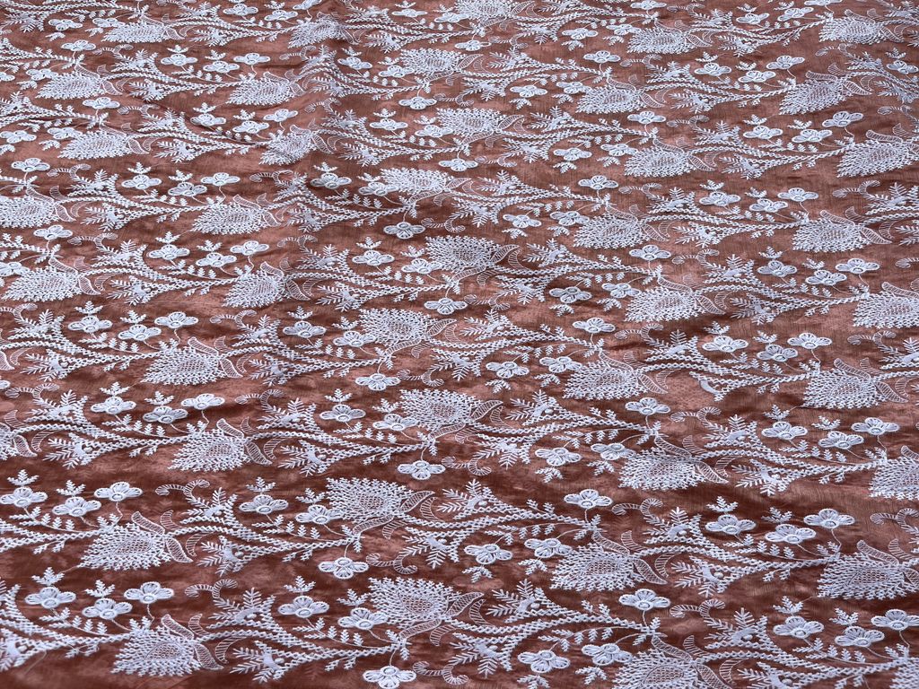Peach & White Floral Chikankari Embroidered Chanderi Fabric
