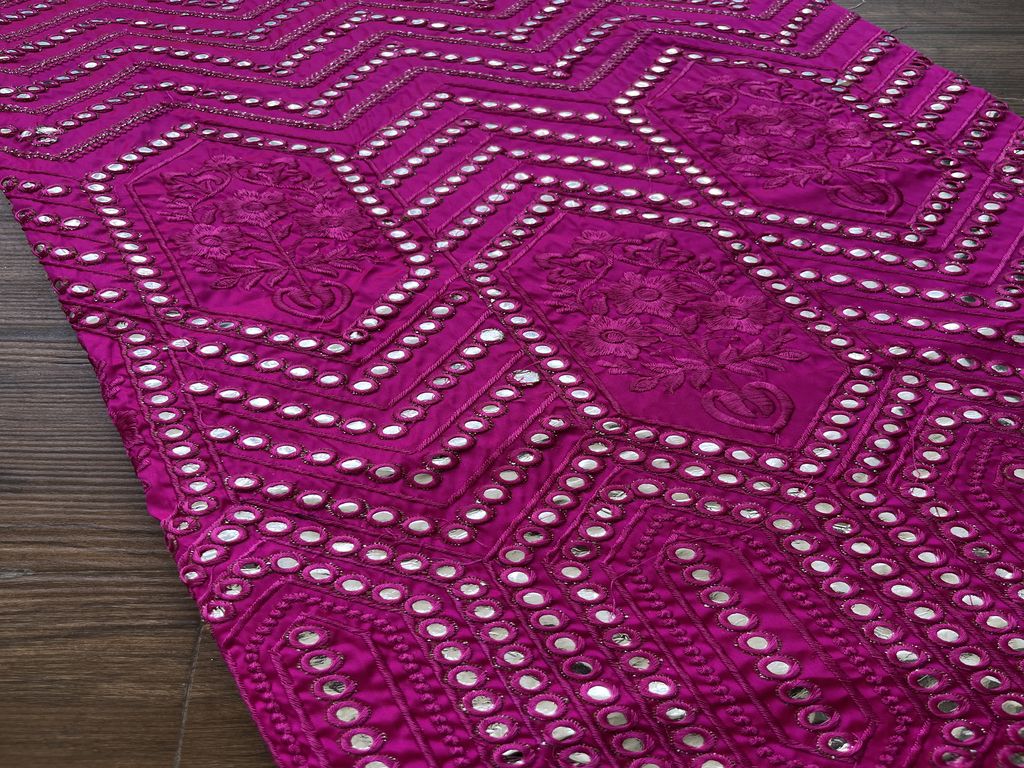 Magenta Traditional Faux Mirror Embroidery Taffeta Fabric