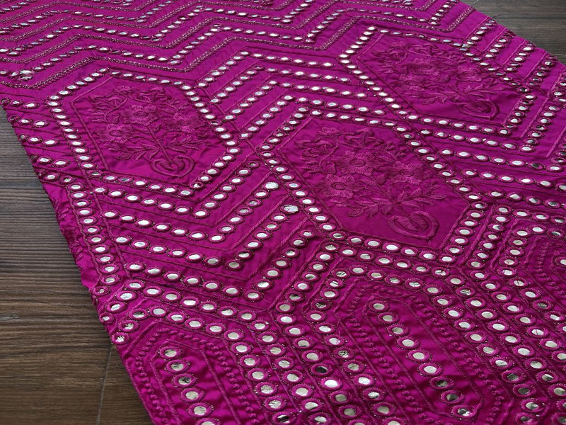 Magenta Traditional Faux Mirror Embroidery Taffeta Fabric