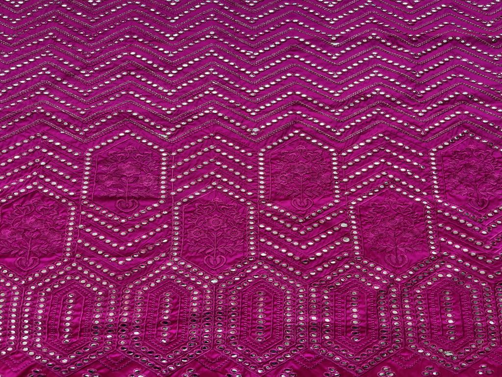 Magenta Traditional Faux Mirror Embroidery Taffeta Fabric