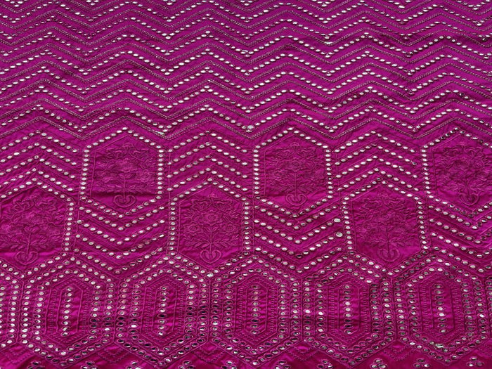 Magenta Traditional Faux Mirror Embroidery Taffeta Fabric