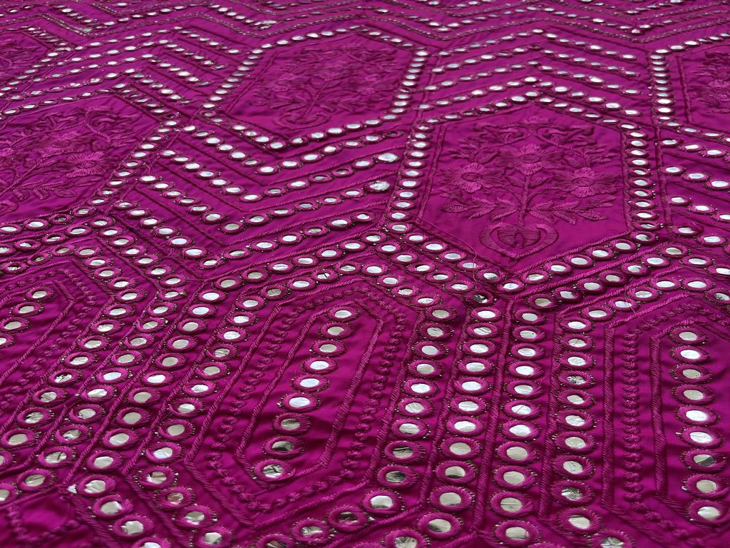 Magenta Traditional Faux Mirror Embroidery Taffeta Fabric