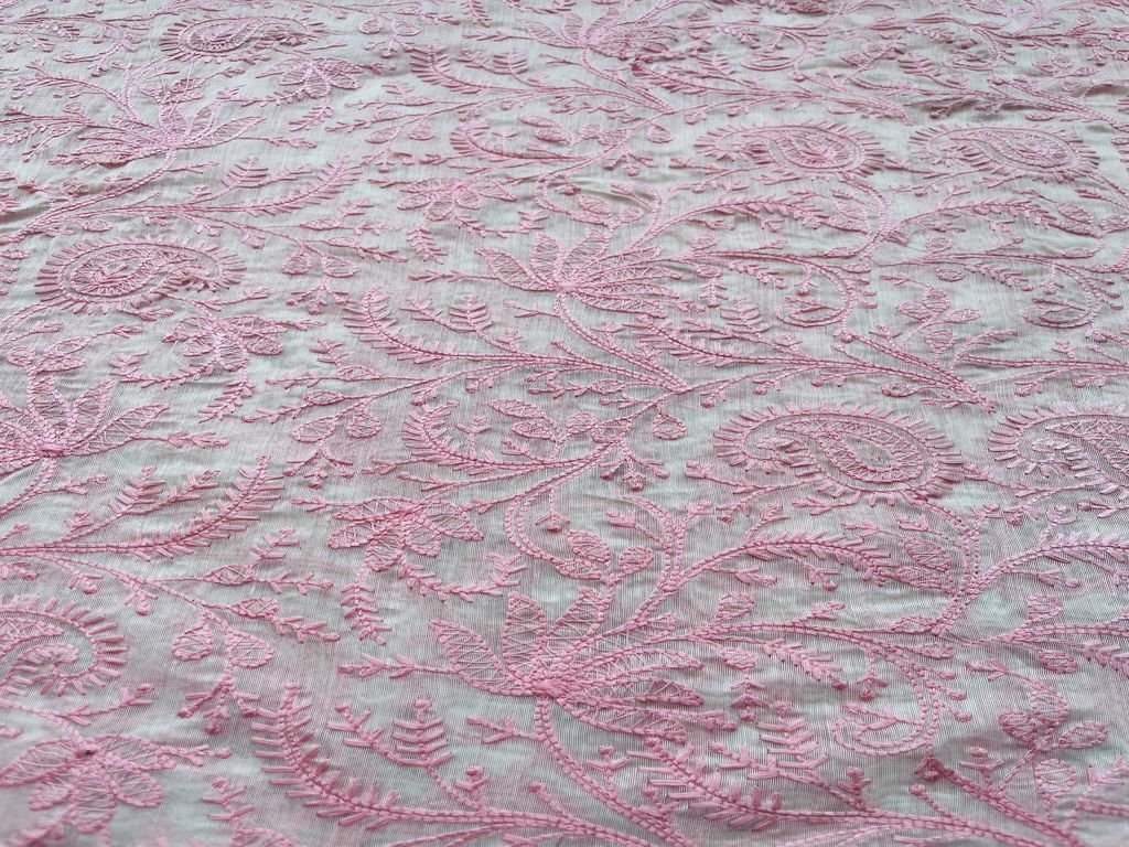White & Pink Paisley Chikankari Embroidered Chanderi Fabric