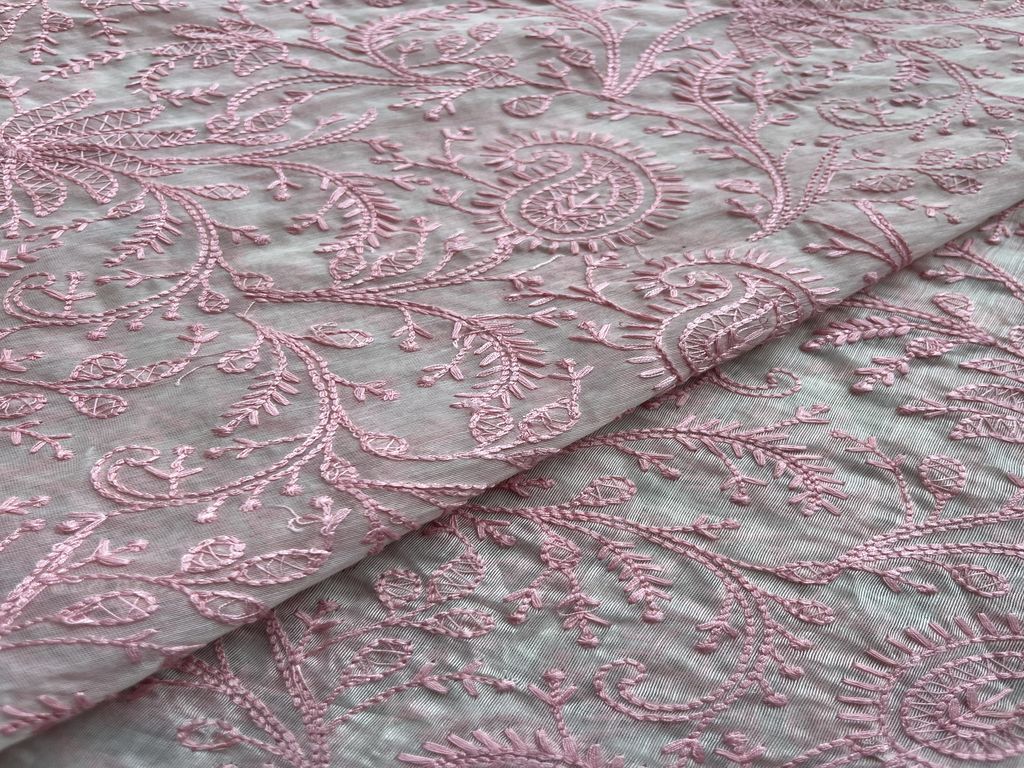 White & Pink Paisley Chikankari Embroidered Chanderi Fabric