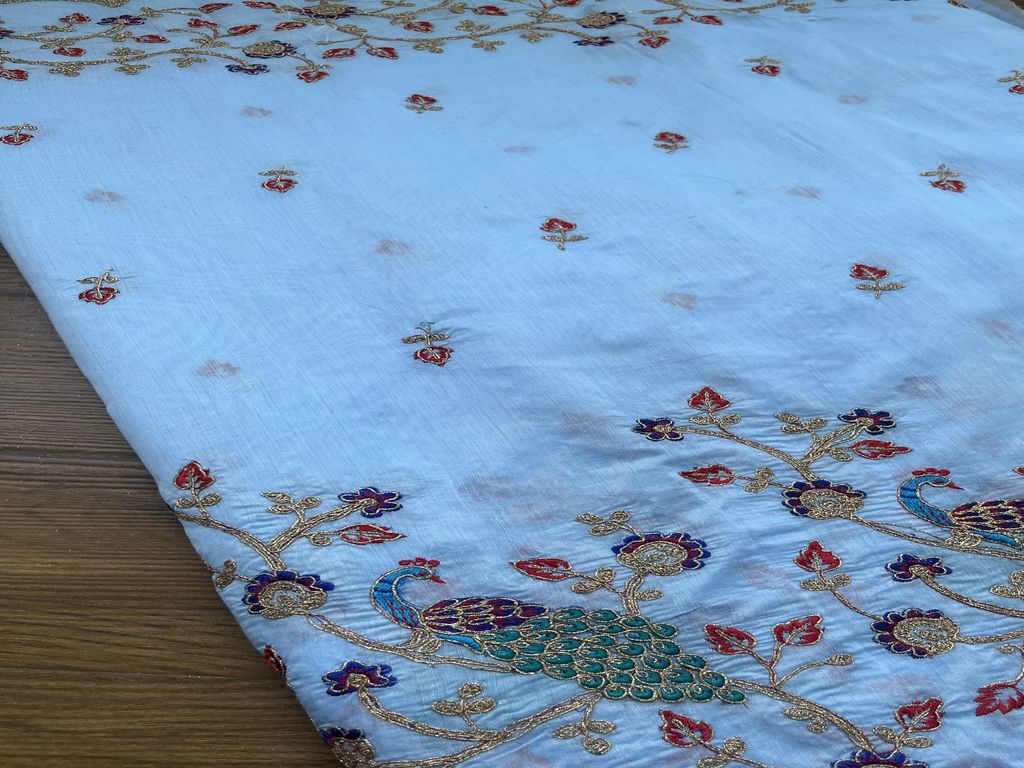 Blue Traditional Embroidered Thread & Golden Dori Chanderi Fabric