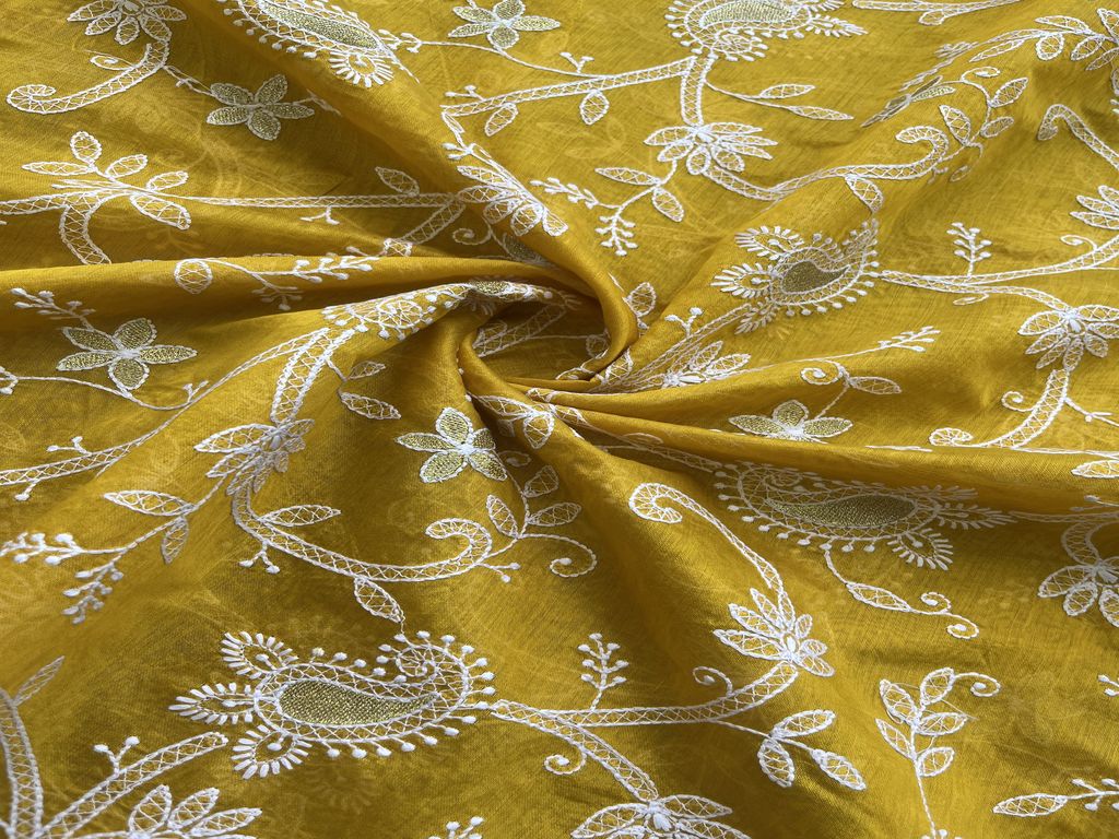 Yellow Paisley Chikankari Embroidered Chanderi Fabric