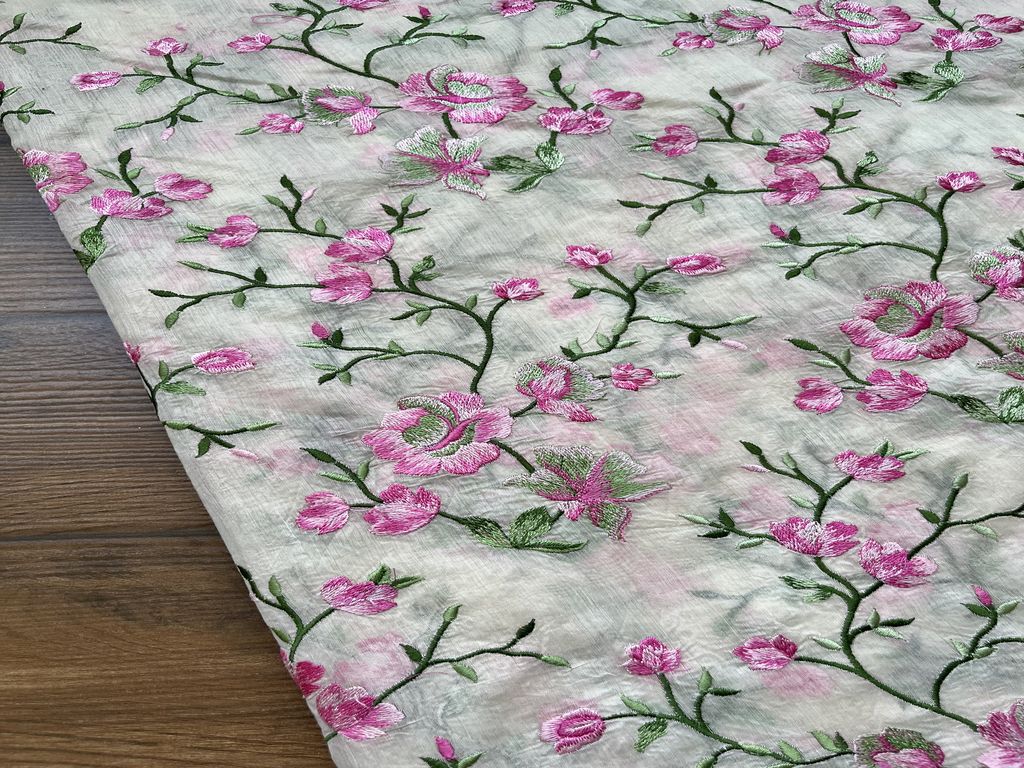 Off-white Floral Embroidered Chanderi Fabric